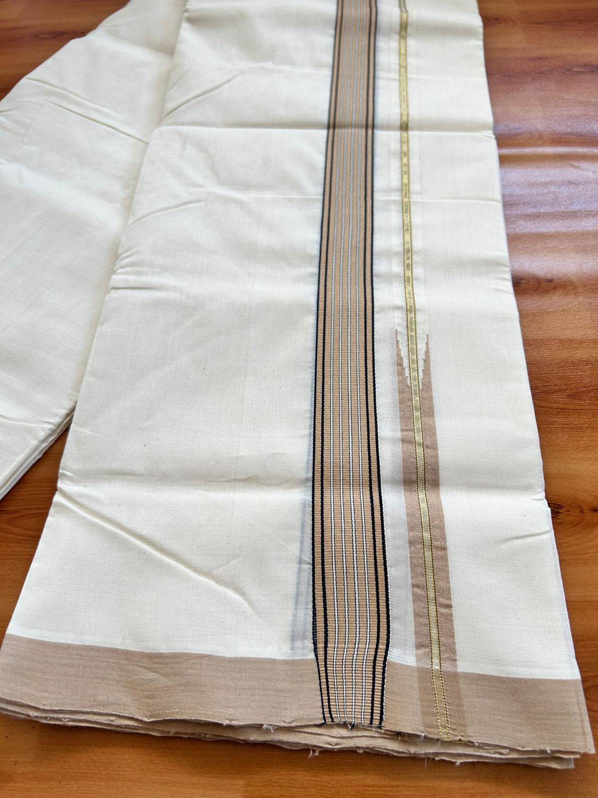 Double Off White (Unbleached) Mundu/Dhoti - 25% Discount!! KaithariKada Handloom Unakkupaav - 100% Pure Cotton - 100x80 - 1.25 inch Pure Jerry Gold Kasav Light Brown & Black Stripes Chutty Kara 3.80 mtr (8 muzham) - 12 KK5498 REA