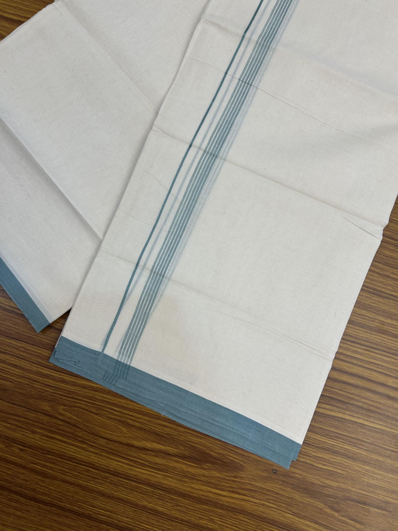 20% Discount! KaithariKada Balaramapuram 100% Cotton Double Off white - (Unbleached) - Mundu/Dhoti - 100x80 - 1.5 cm Teal Blue Thin Striped Kara 4 mtr (8.5 muzham) - 52 KK5357 VAS
