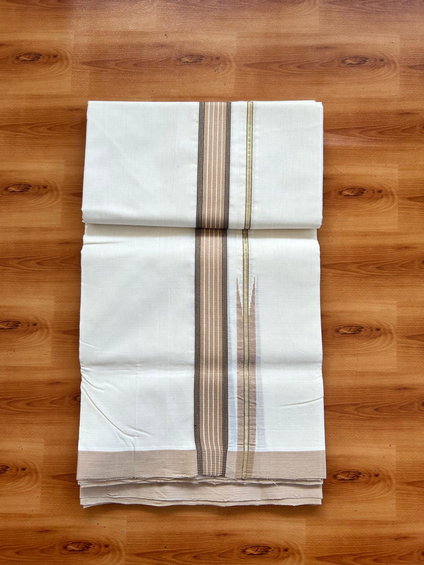Double Off White (Unbleached) Mundu/Dhoti - 25% Discount!! KaithariKada Handloom Unakkupaav - 100% Pure Cotton - 100x80 - 1.25 inch Pure Jerry Gold Kasav Light Brown & Black Stripes Chutty Kara 3.80 mtr (8 muzham) - 13 KK5498 REA