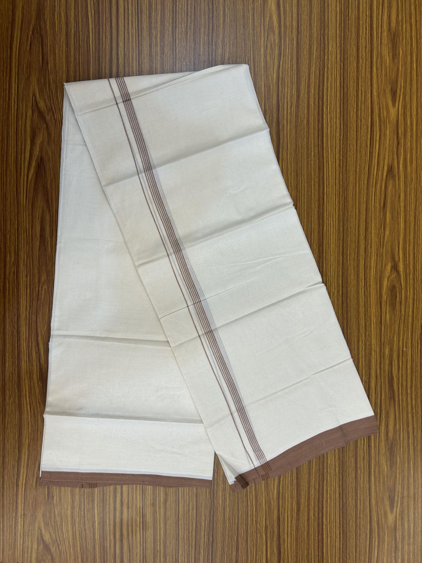 20% Discount! KaithariKada Balaramapuram 100% Cotton Double Off white - (Unbleached) - Mundu/Dhoti - 100x80 - 1.5 cm Brown Thin Striped Kara 4 mtr (8.5 muzham) - 54 KK5357 VAS