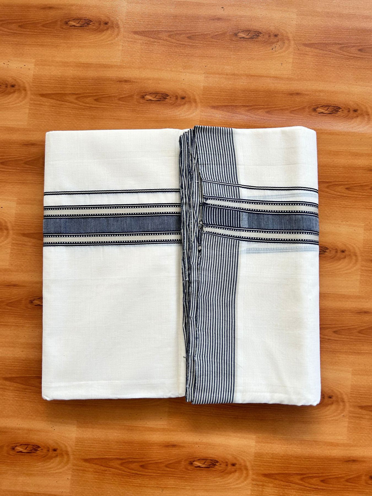 Double Off White (Unbleached) Mundu/Dhoti - 25% Discount!! KaithariKada Handloom Unakkupaav - 100% Pure Cotton - 100x80 - 1.5 inch Navy Blue & Tan Stripes kara 4 meter (8.5 muzham) - 33 KK5498 REA