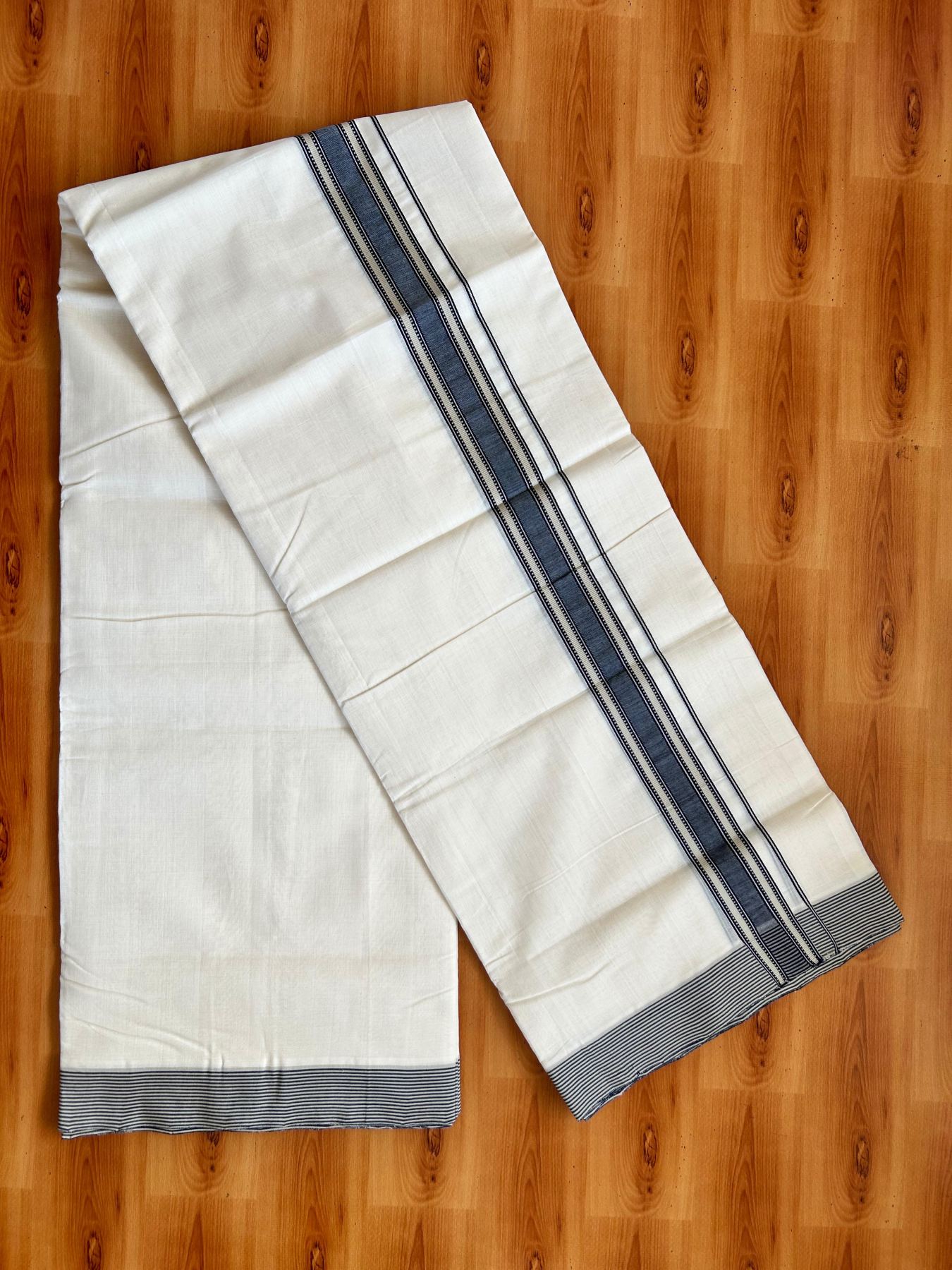 Double Off White (Unbleached) Mundu/Dhoti - 25% Discount!! KaithariKada Handloom Unakkupaav - 100% Pure Cotton - 100x80 - 1.5 inch Navy Blue & Tan Stripes kara 4 meter (8.5 muzham) - 33 KK5498 REA