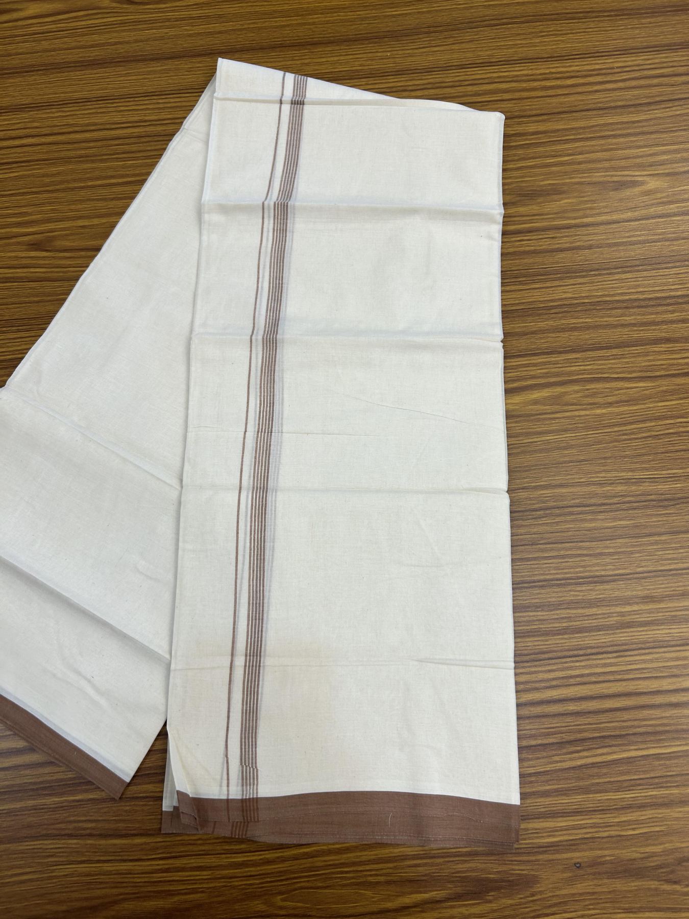20% Discount! KaithariKada Balaramapuram 100% Cotton Double Off white - (Unbleached) - Mundu/Dhoti - 100x80 - 1.5 cm Brown Thin Striped Kara 4 mtr (8.5 muzham) - 54 KK5357 VAS