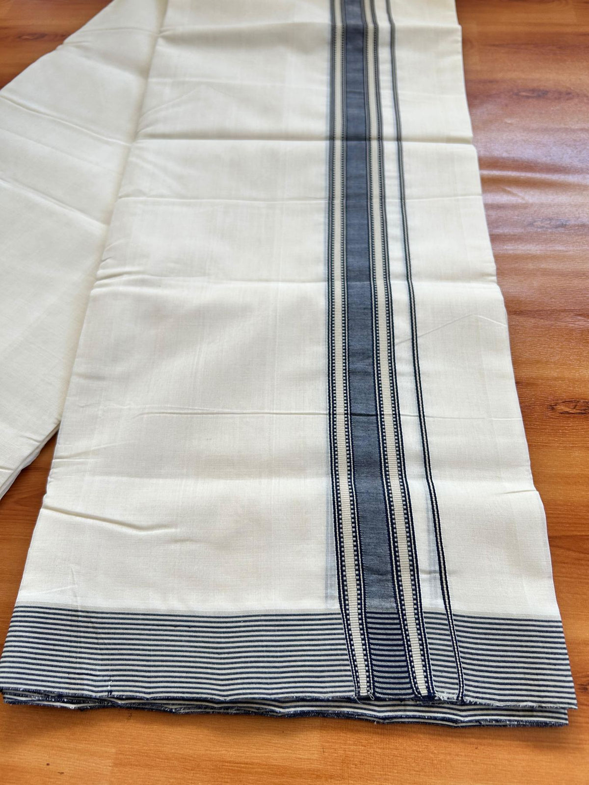 Double Off White (Unbleached) Mundu/Dhoti - 25% Discount!! KaithariKada Handloom Unakkupaav - 100% Pure Cotton - 100x80 - 1.5 inch Navy Blue & Tan Stripes kara 4 meter (8.5 muzham) - 33 KK5498 REA