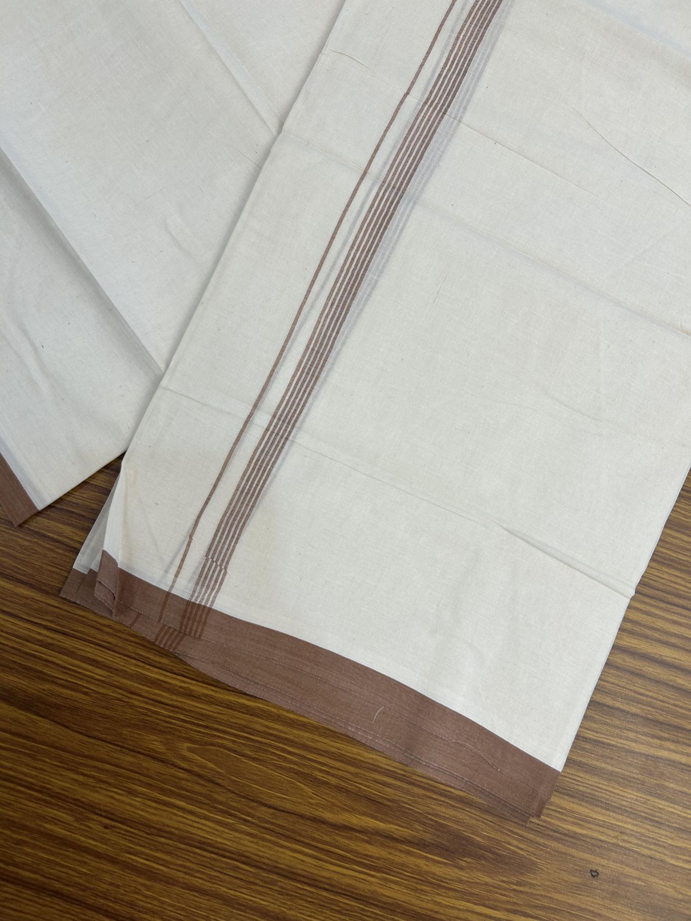 20% Discount! KaithariKada Balaramapuram 100% Cotton Double Off white - (Unbleached) - Mundu/Dhoti - 100x80 - 1.5 cm Brown Thin Striped Kara 4 mtr (8.5 muzham) - 54 KK5357 VAS