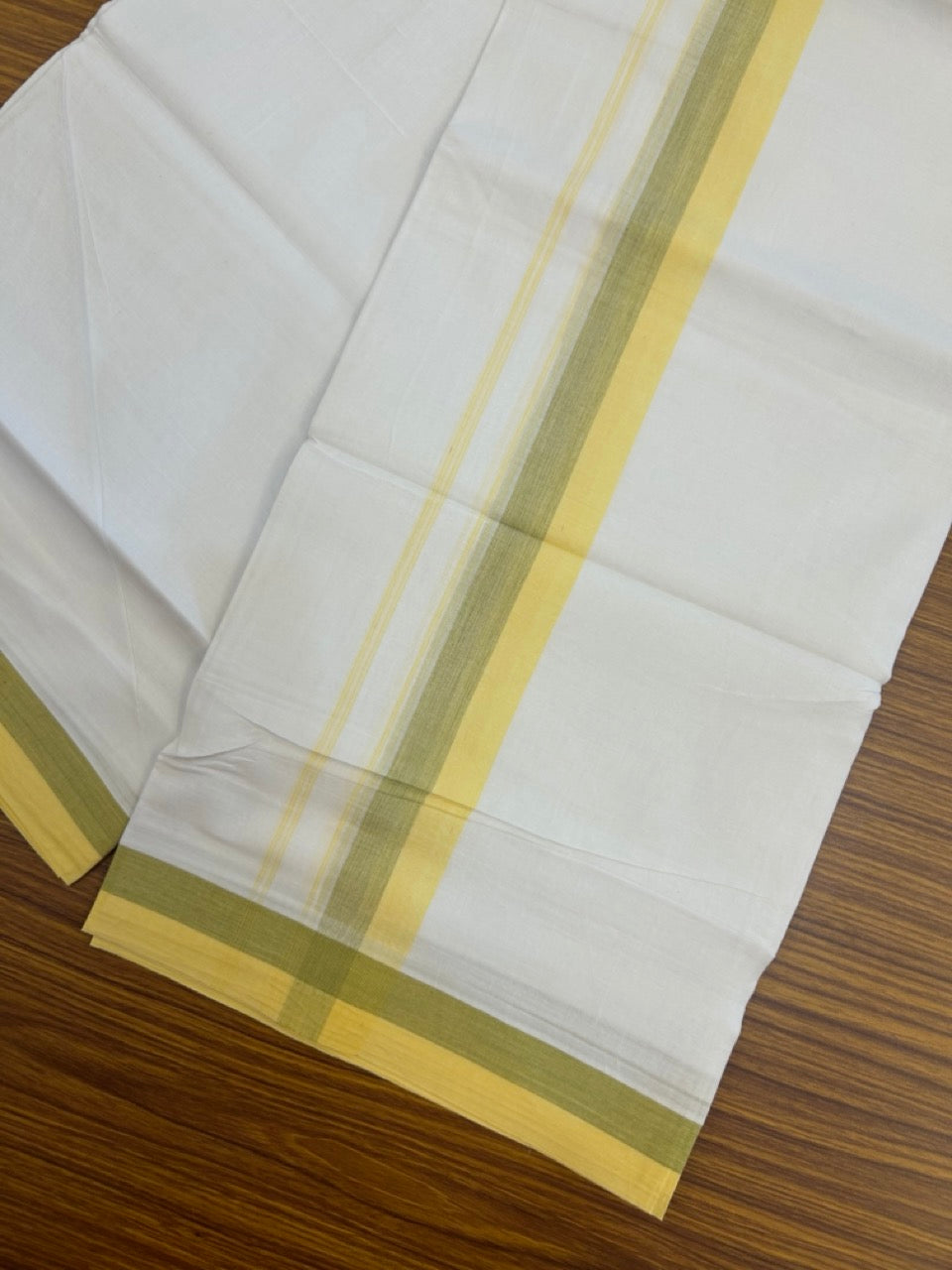 20% Discount ! Kaitharikada Balaramapuram 100% Cotton Pure White Double Mundu/Dothi - 100x80 - 1.75 inch Yellow & Olive Green Kara 4 mtr (8.5 muzham) - 38 KK5255 VAS