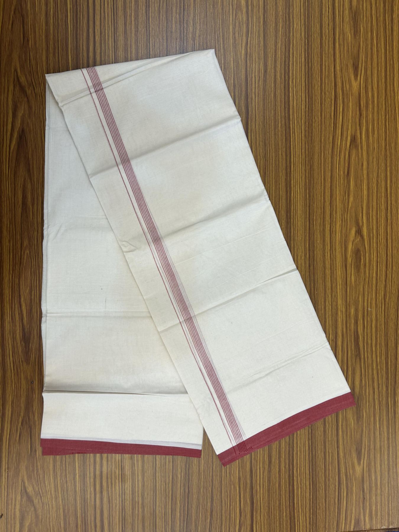 20% Discount! KaithariKada Balaramapuram 100% Cotton Double Off white - (Unbleached) - Mundu/Dhoti - 100x80 - 1.5 cm Maroon Thin Striped Kara 4 mtr (8.5 muzham) - 55 KK5357 VAS