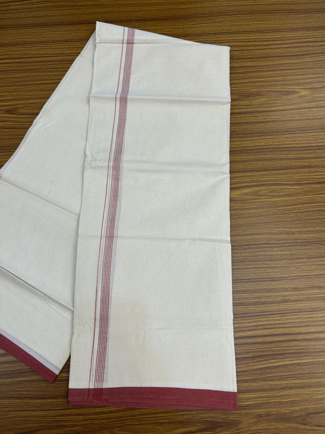 20% Discount! KaithariKada Balaramapuram 100% Cotton Double Off white - (Unbleached) - Mundu/Dhoti - 100x80 - 1.5 cm Maroon Thin Striped Kara 4 mtr (8.5 muzham) - 55 KK5357 VAS