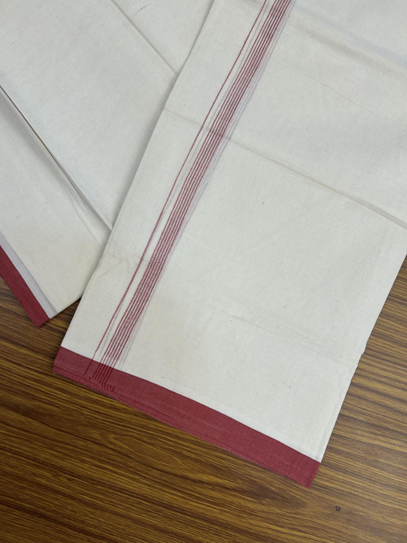 20% Discount! KaithariKada Balaramapuram 100% Cotton Double Off white - (Unbleached) - Mundu/Dhoti - 100x80 - 1.5 cm Maroon Thin Striped Kara 4 mtr (8.5 muzham) - 55 KK5357 VAS