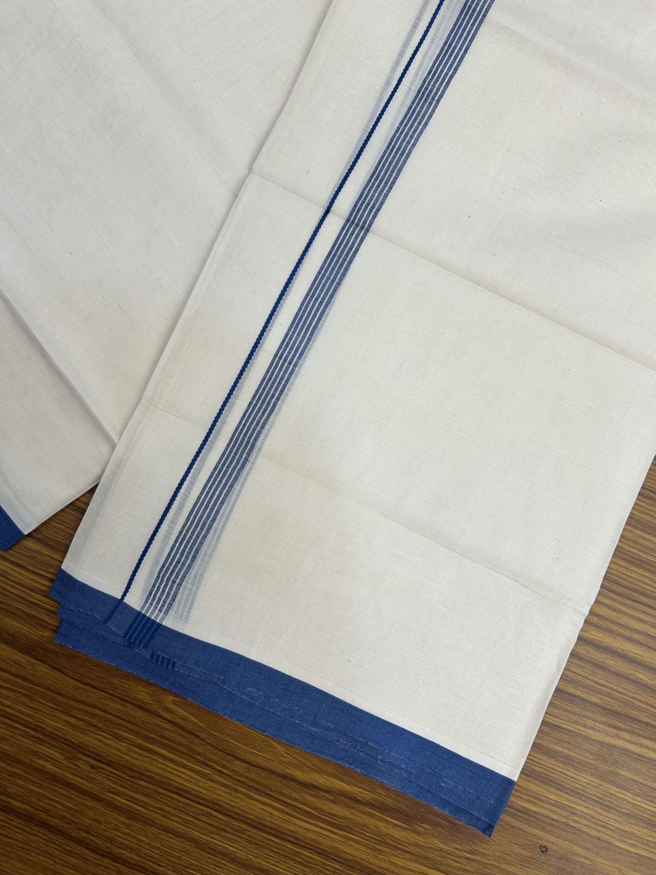 20% Discount! KaithariKada Balaramapuram 100% Cotton Double Off white - (Unbleached) - Mundu/Dhoti - 100x80 - 1.5 cm Blue Thin Striped Kara 4 mtr (8.5 muzham) - 56 KK5357 VAS