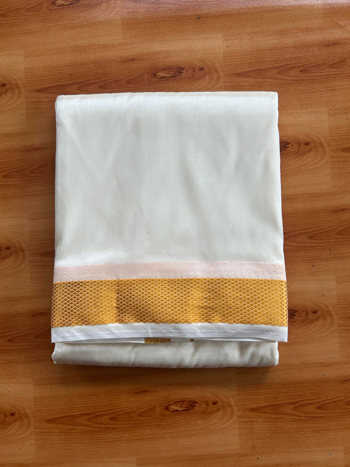 Art Silk Double Mundu/Dhoti - 20% Discount!! KaithariKada Pulimood Mixed Silk (60s) - 1 inch Gold Kasav Kara With Cream Colour Body 3.75 mtr (8 muzham) - 1 KK5550 GAN