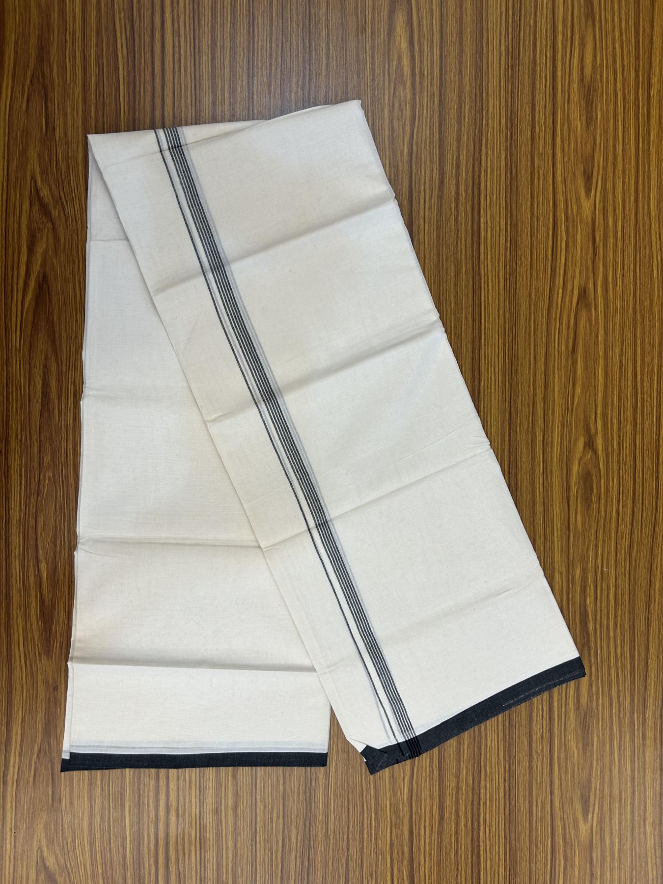 20% Discount! KaithariKada Balaramapuram 100% Cotton Double Off white - (Unbleached) - Mundu/Dhoti - 100x80 - 1.5 cm Black Thin Striped Kara 4 mtr (8.5 muzham) - 57 KK5357 VAS