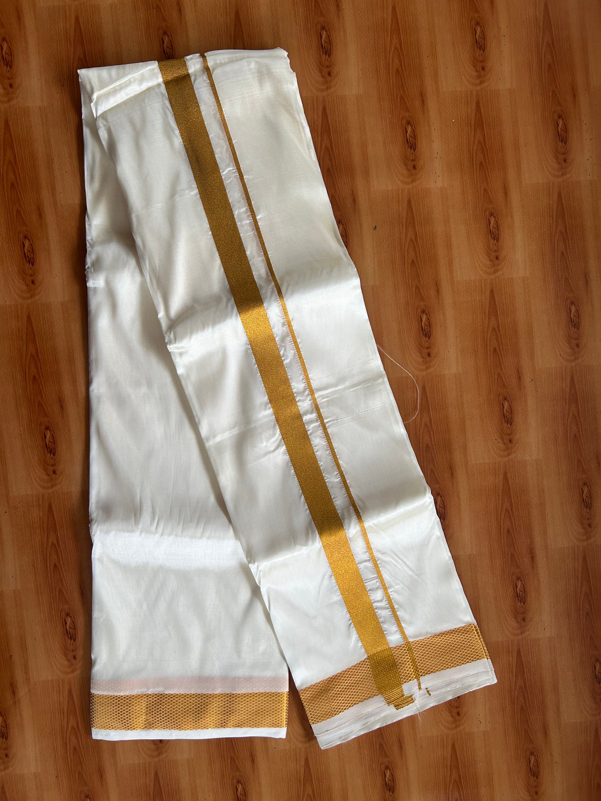 Art Silk Double Mundu/Dhoti - 20% Discount!! KaithariKada Pulimood Mixed Silk (60s) - 1 inch Gold Kasav Kara With Cream Colour Body 3.75 mtr (8 muzham) - 1 KK5550 GAN