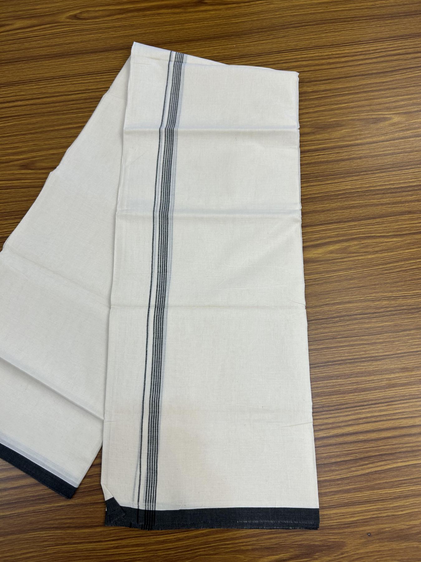 20% Discount! KaithariKada Balaramapuram 100% Cotton Double Off white - (Unbleached) - Mundu/Dhoti - 100x80 - 1.5 cm Black Thin Striped Kara 4 mtr (8.5 muzham) - 57 KK5357 VAS