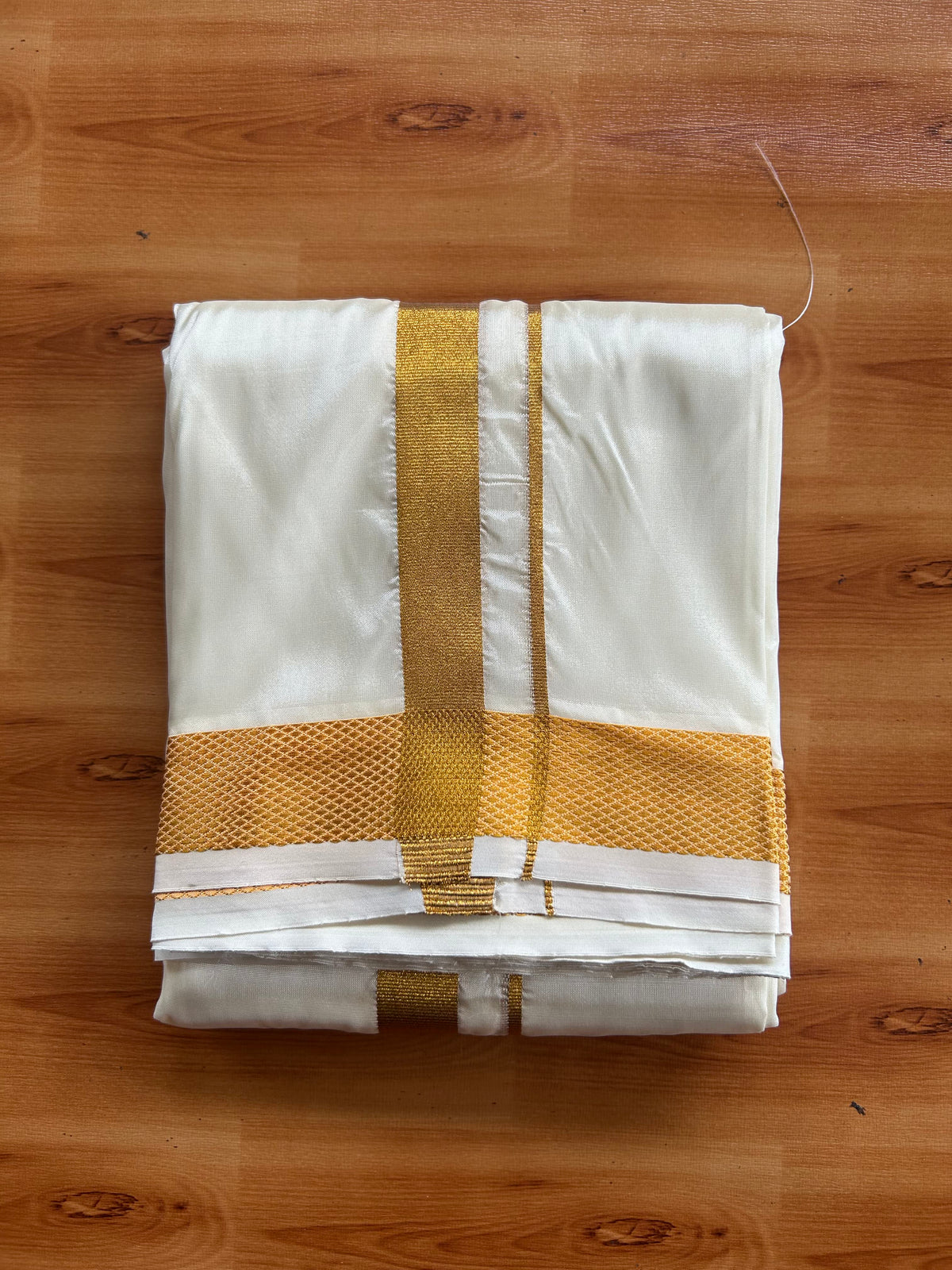 Art Silk Double Mundu/Dhoti - 20% Discount!! KaithariKada Pulimood Mixed Silk (60s) - 1 inch Gold Kasav Kara With Cream Colour Body 3.75 mtr (8 muzham) - 1 KK5550 GAN