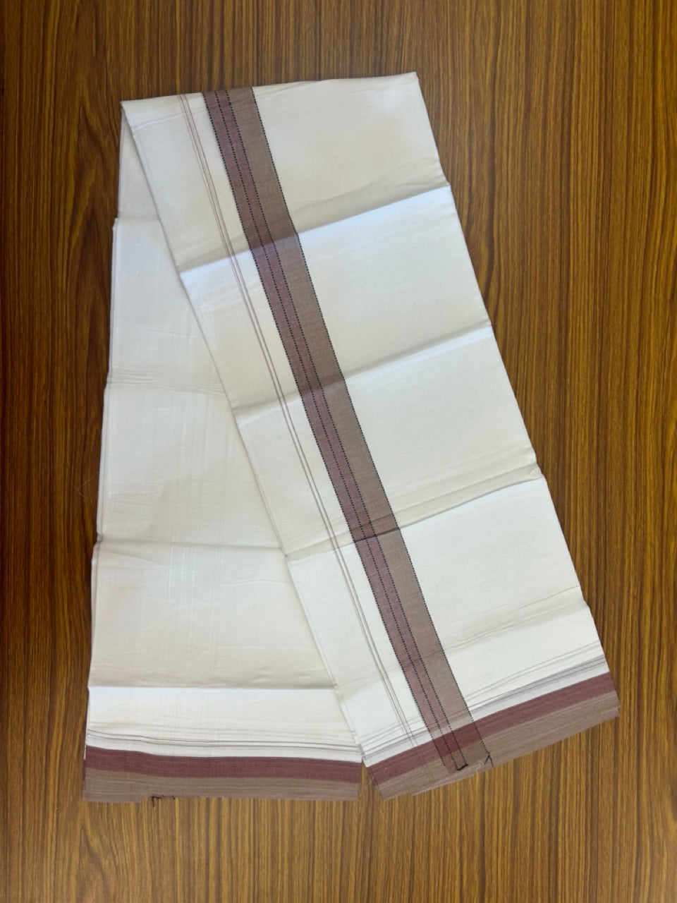 20% Discount ! Kaitharikada Balaramapuram 100% Cotton Pure White Double Mundu/Dothi - 100x80 - 1.5 inch Black Light Brown & Maroon Shaded Striped Kara 4 mtr (8.5 muzham) - 43 KK5255 VAS