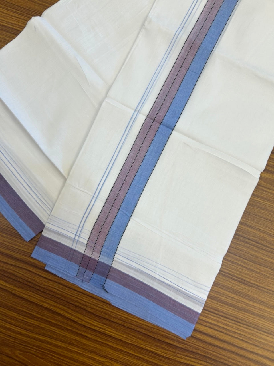 20% Discount ! Kaitharikada Balaramapuram 100% Cotton Pure White Double Mundu/Dothi - 100x80 - 1.5 inch Black Blue & Maroon Shaded Striped Kara 4 mtr (8.5 muzham) - 44 KK5255 VAS
