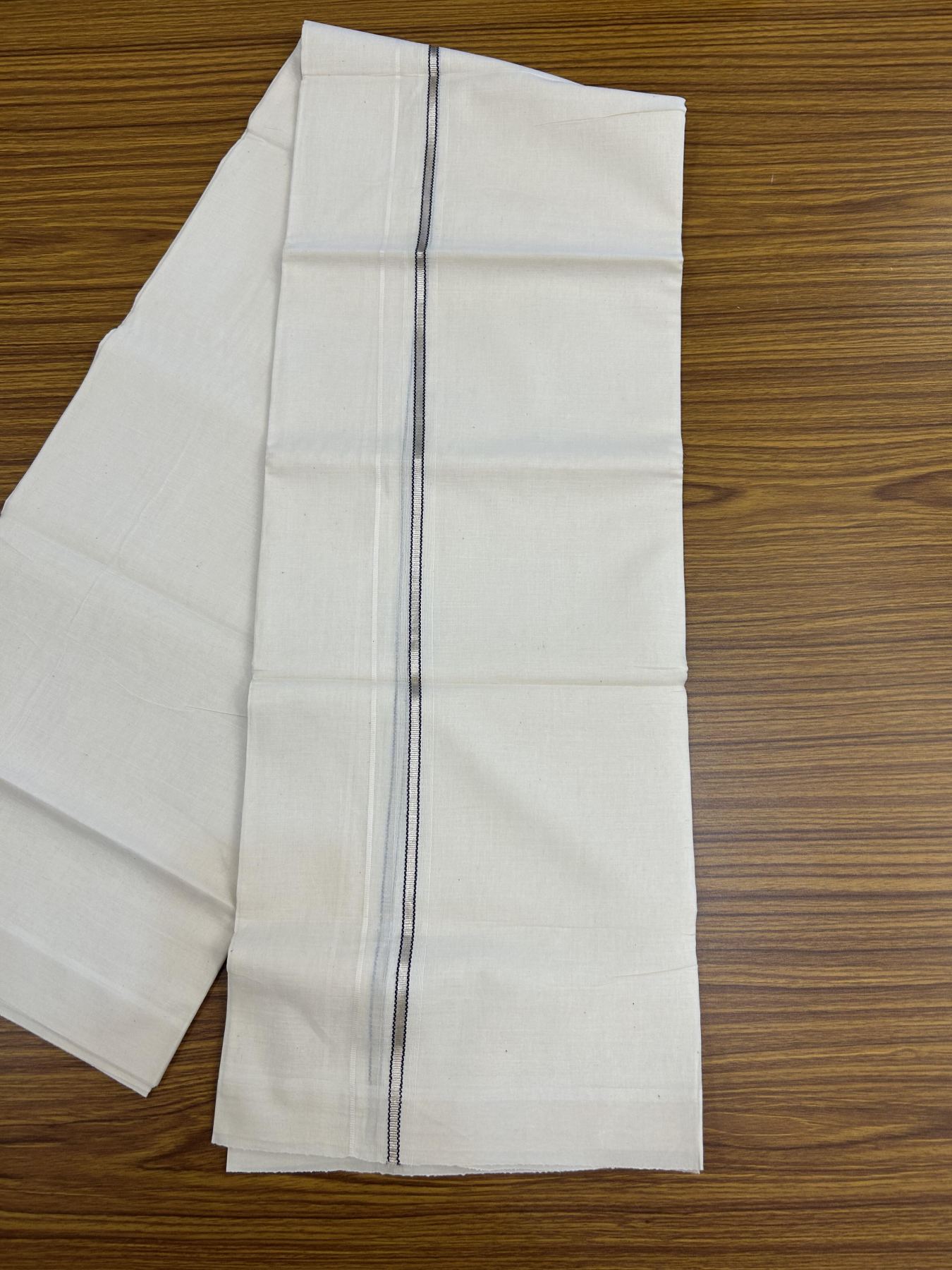 20% Discount!! KaithariKada Balaramapuram Pure Cotton Double Off White - (Unbleached) - Mundu/Dhoti - 100x80 - 1 inch Puliyilakkara Silver Kasav & Navy Blue Stripes One Side Chutty Kara 4 mtr (8.5 muzham) - 45 KK5357 VAS
