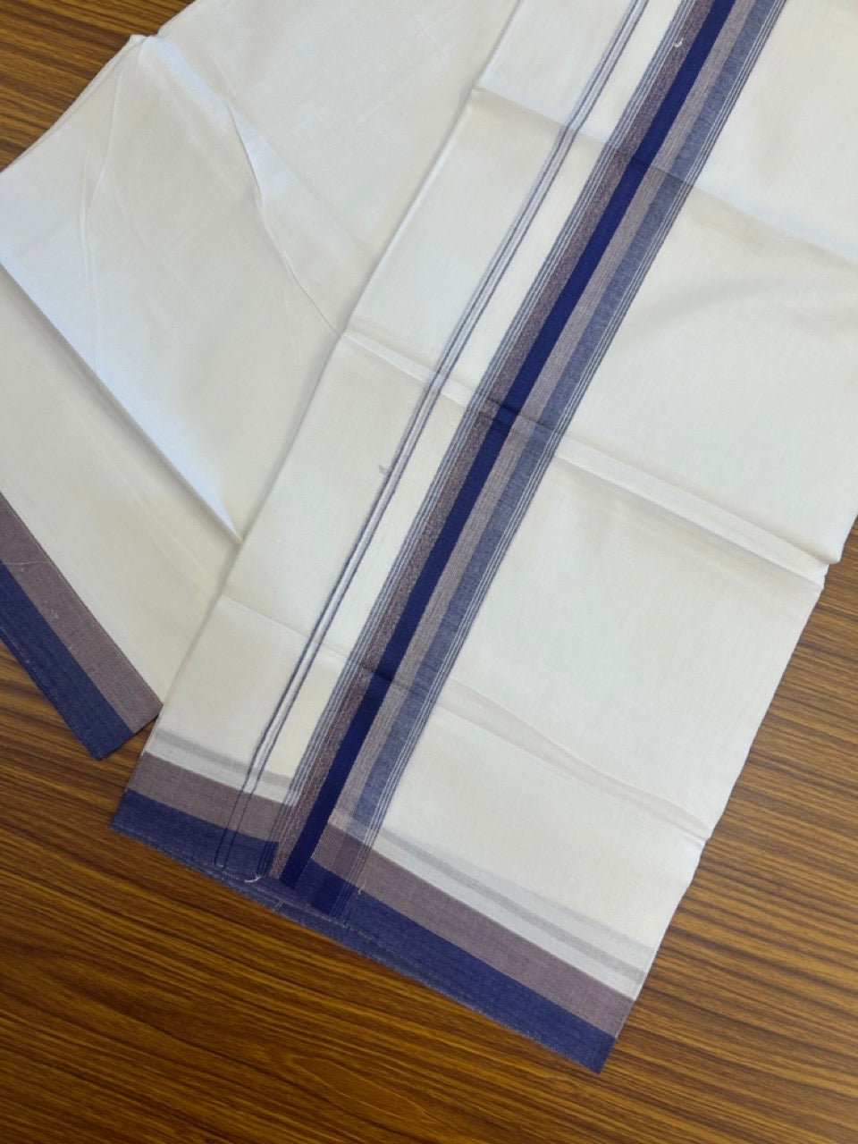 20% Discount ! Kaitharikada Balaramapuram 100% Cotton Pure White Double Mundu/Dothi - 100x80 - 1.5 inch Violet & Peach Shaded Striped Kara 4 mtr (8.5 muzham) - 45 KK5255 VAS
