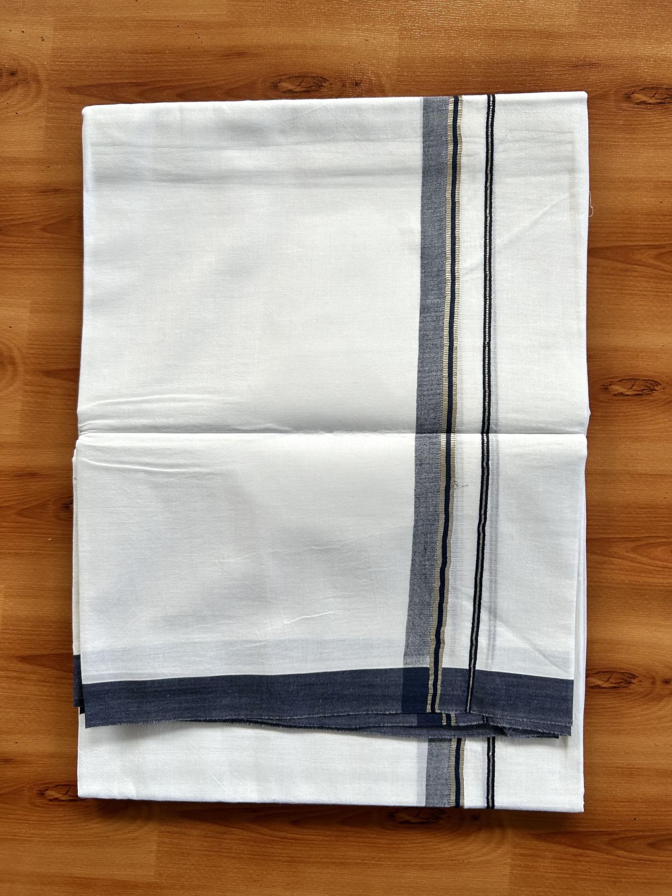 Double Pure White Mundu/Dothi - 20% Discount!! Kaitharikada Balaramapuram 100% Pure Cotton 100x80 - 0.75 inch Silver Kasav & Navy Blue Shaded Kara - 3.90 m (8 muzham) - 32 KK5437 VAS