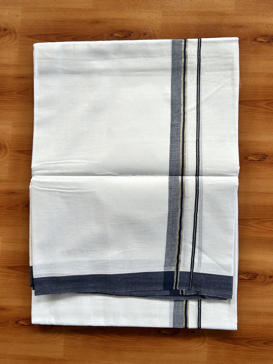 Double Pure White Mundu/Dothi - 20% Discount!! Kaitharikada Balaramapuram 100% Pure Cotton 100x80 - 0.75 inch Silver Kasav & Navy Blue Shaded Kara - 3.90 m (8 muzham) - 32 KK5437 VAS