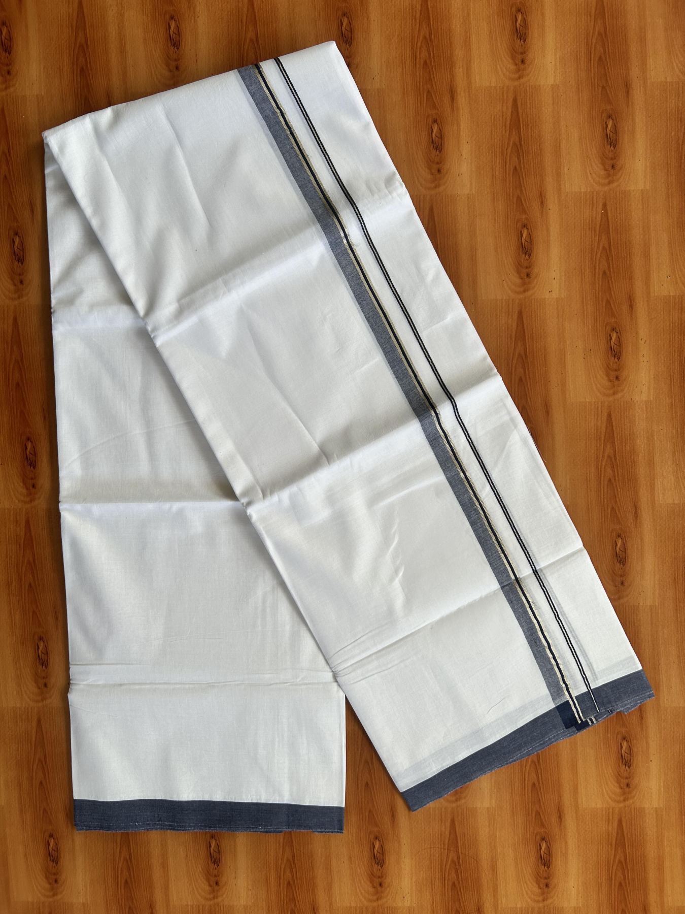 Double Pure White Mundu/Dothi - 20% Discount!! Kaitharikada Balaramapuram 100% Pure Cotton 100x80 - 0.75 inch Silver Kasav & Navy Blue Shaded Kara - 3.90 m (8 muzham) - 32 KK5437 VAS