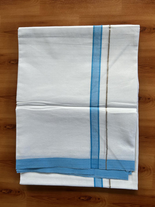 Double Pure White Mundu/Dothi - 20% Discount!! Kaitharikada Balaramapuram 100% Pure Cotton 100x80 - 0.75 inch Silver Kasav & Sky Blue Shaded Kara - 3.90 m (8 muzham) - 34 KK5437 VAS