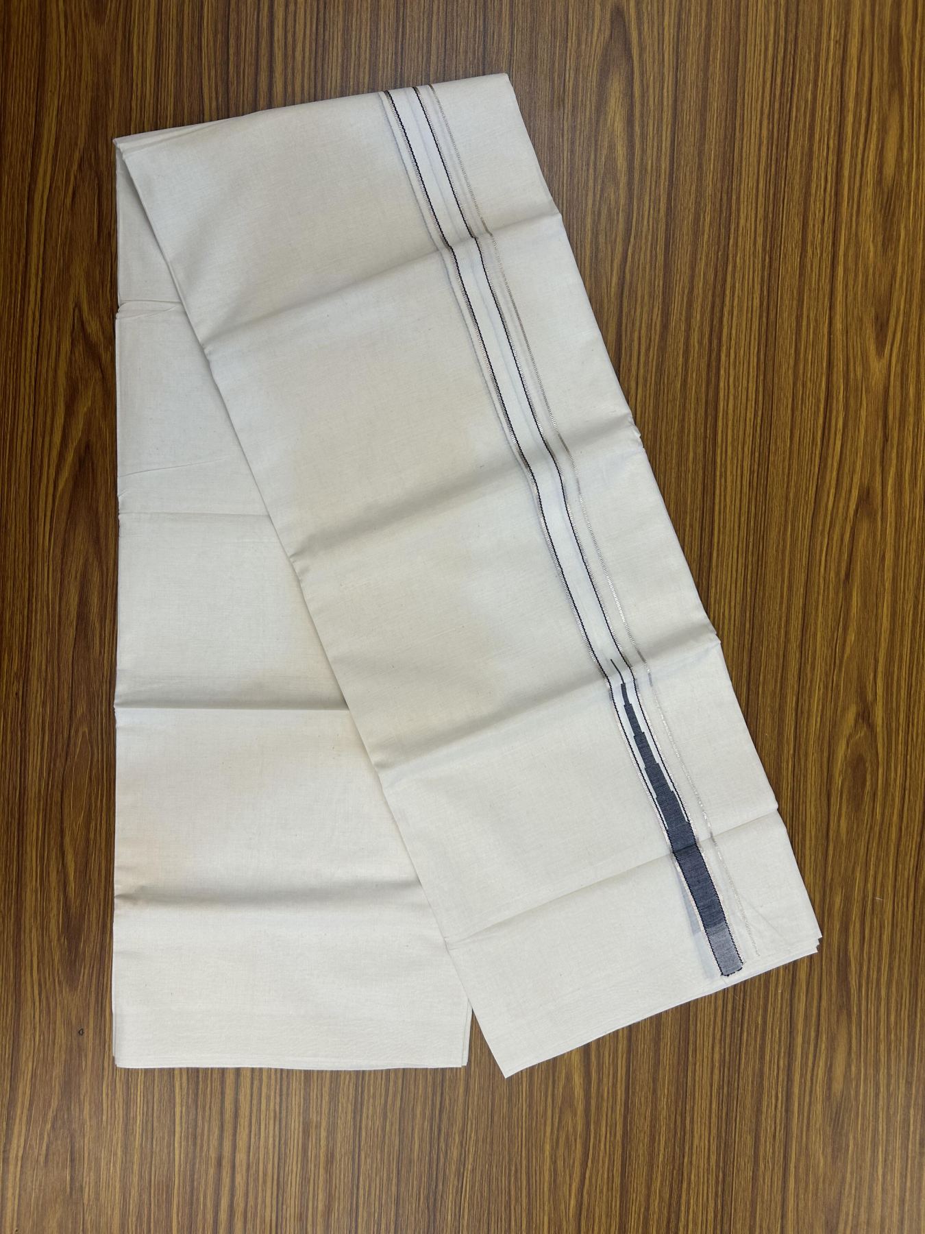 20% Discount!! KaithariKada Balaramapuram Pure Cotton Double Off White - (Unbleached) - Mundu/Dhoti - 100x80 - 1 inch Puliyilakkara Silver Kasav & Navy Blue Stripes One Side Chutty Kara 4 mtr (8.5 muzham) - 46 KK5357 VAS
