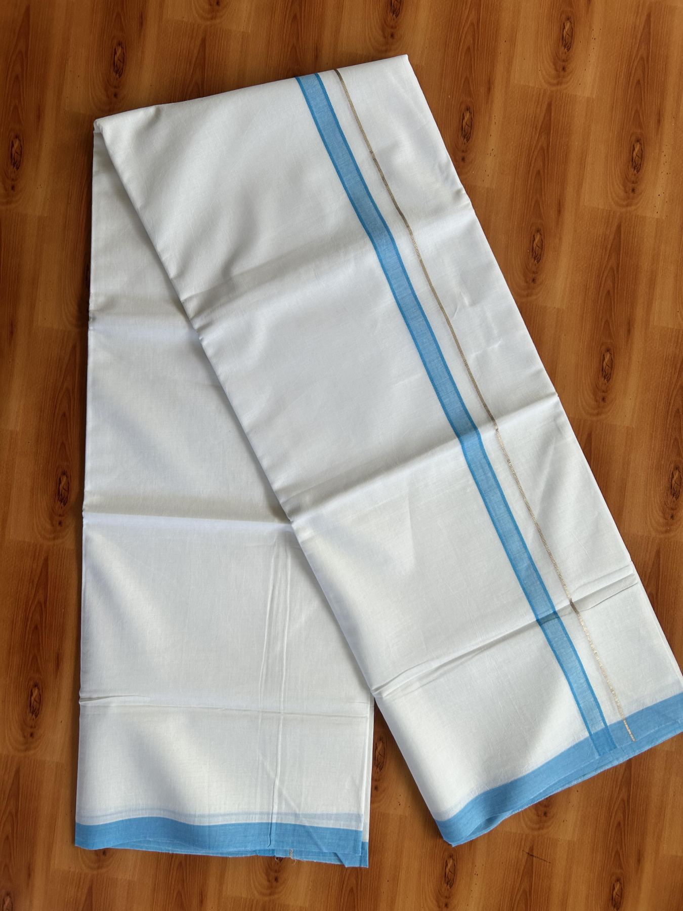 Double Pure White Mundu/Dothi - 20% Discount!! Kaitharikada Balaramapuram 100% Pure Cotton 100x80 - 0.75 inch Silver Kasav & Sky Blue Shaded Kara - 3.90 m (8 muzham) - 34 KK5437 VAS
