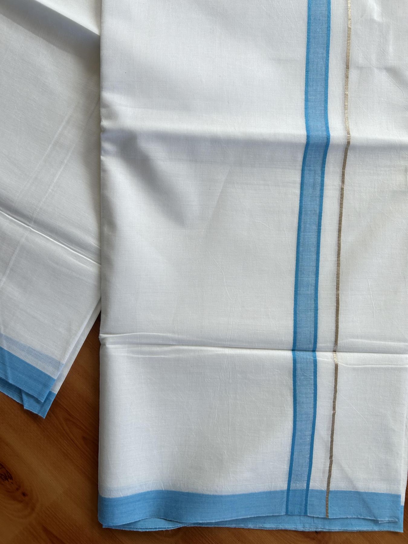 Double Pure White Mundu/Dothi - 20% Discount!! Kaitharikada Balaramapuram 100% Pure Cotton 100x80 - 0.75 inch Silver Kasav & Sky Blue Shaded Kara - 3.90 m (8 muzham) - 34 KK5437 VAS