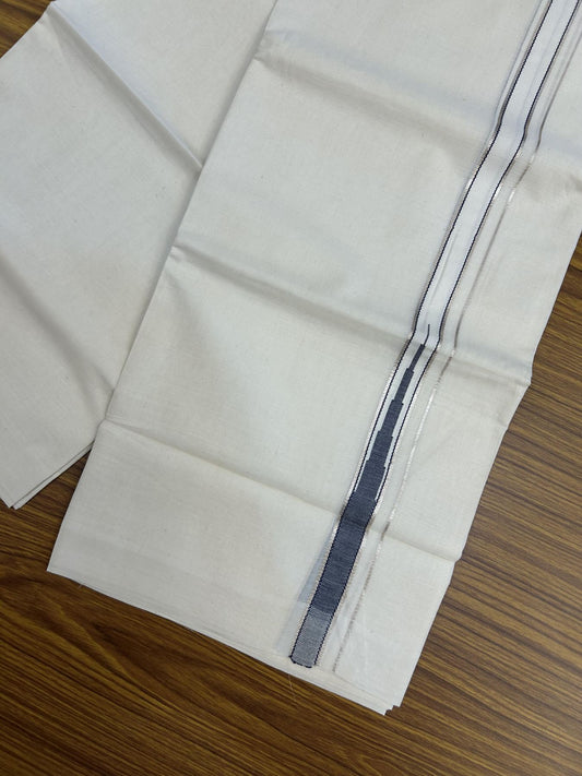 20% Discount!! KaithariKada Balaramapuram Pure Cotton Double Off White - (Unbleached) - Mundu/Dhoti - 100x80 - 1 inch Puliyilakkara Silver Kasav & Navy Blue Stripes One Side Chutty Kara 4 mtr (8.5 muzham) - 46 KK5357 VAS