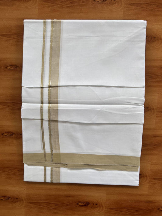 Double Pure White Mundu/Dothi - 20% Discount!! Kaitharikada Balaramapuram 100% Pure Cotton 100x80 - 0.75 inch Silver Kasav & Sand Brown Shaded Kara - 3.90 m (8 muzham) - 33 KK5437 VAS