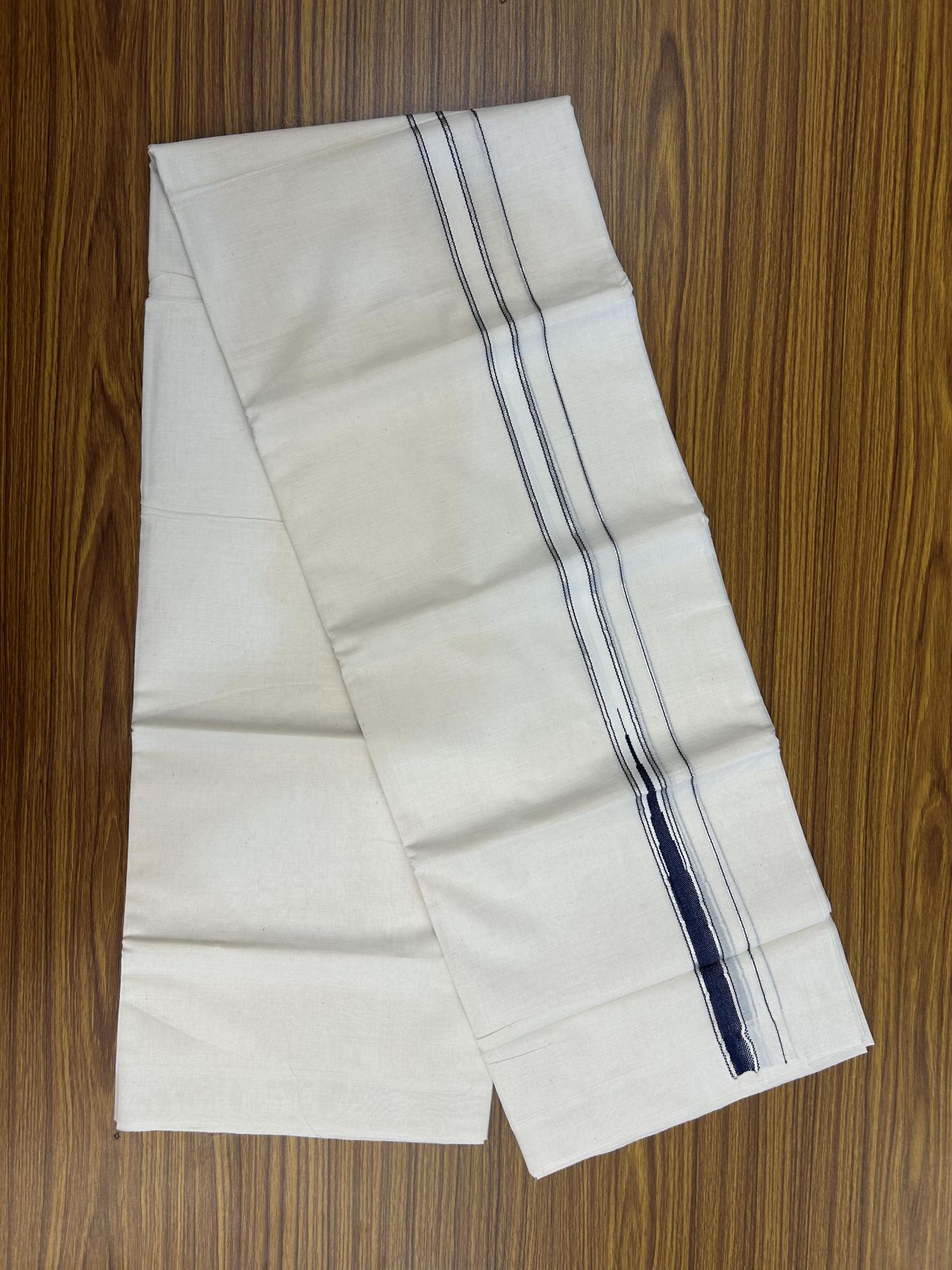 20% Discount!! KaithariKada Balaramapuram Pure Cotton Double Off White - (Unbleached) - Mundu/Dhoti - 100x80 - 1 inch Puliyilakkara Silver Kasav & Navy Blue Stripes One Side Chutty Kara 4 mtr (8.5 muzham) - 41 KK5357 VAS