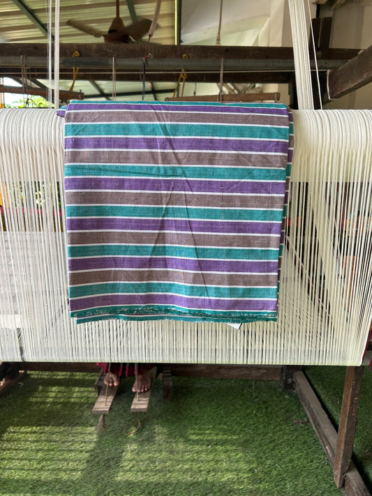 Handloom Bedsheet -  Pure Cotton - 10% Discount !! Kaitharikada - Green Brown & Violet Striped Colour Body - 4 KK3000 KAL