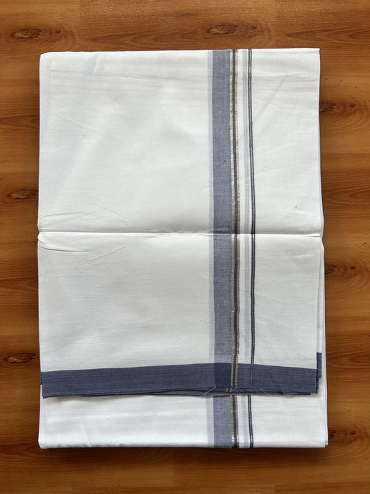 Double Pure White Mundu/Dothi - 20% Discount!! Kaitharikada Balaramapuram 100% Pure Cotton 100x80 - 0.75 inch Silver Kasav & Greyish Blue Shaded Kara - 3.90 m (8 muzham) - 31 KK5437 VAS