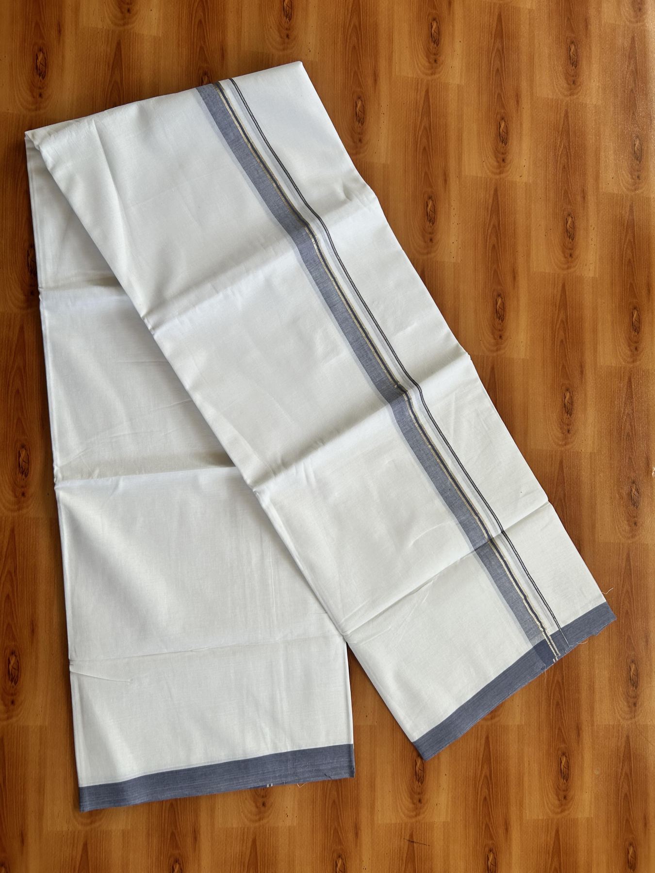Double Pure White Mundu/Dothi - 20% Discount!! Kaitharikada Balaramapuram 100% Pure Cotton 100x80 - 0.75 inch Silver Kasav & Greyish Blue Shaded Kara - 3.90 m (8 muzham) - 31 KK5437 VAS