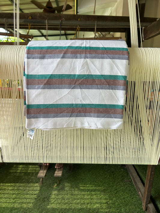 Handloom Bedsheet -  Pure Cotton - 10% Discount !! Kaitharikada - Green Brown & Ash Grey Striped Colour Body - 3 KK3000 KAL