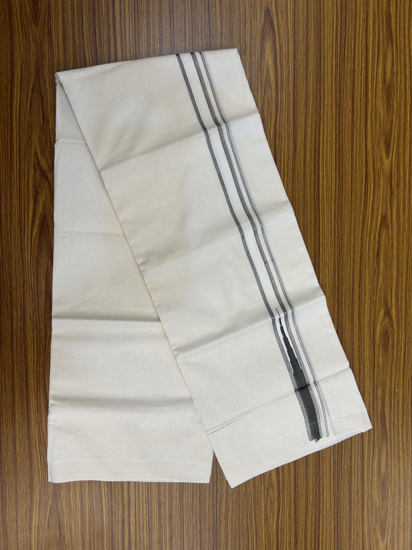 20% Discount!! KaithariKada Balaramapuram Pure Cotton Double Off White - (Unbleached) - Mundu/Dhoti - 100x80 - 1 inch Puliyilakkara Silver Kasav & Sage Green Stripes One Side Chutty Kara 4 mtr (8.5 muzham) - 37 KK5357 VAS