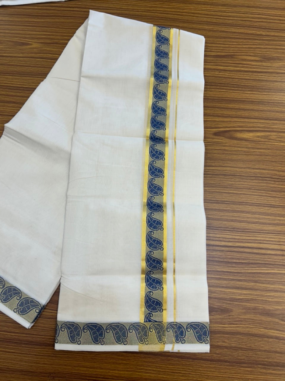 25% Discount ! Kaitharikada Handloom Unakkupaav Balaramapuram - 100% PURE Cotton OFF WHITE - (Unbleached) Double Mundu/Dhoti - 100x80 - 1.75 inch Gold Kasavu & Blue Jacquard Design Kara 4 mtr (8.5 Muzham) - 2 KK5289 ABH