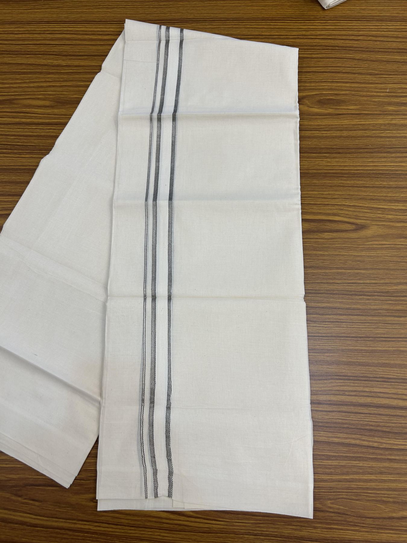20% Discount!! KaithariKada Balaramapuram Pure Cotton Double Off White - (Unbleached) - Mundu/Dhoti - 100x80 - 1 inch Puliyilakkara Silver Kasav & Sage Green Stripes One Side Chutty Kara 4 mtr (8.5 muzham) - 37 KK5357 VAS