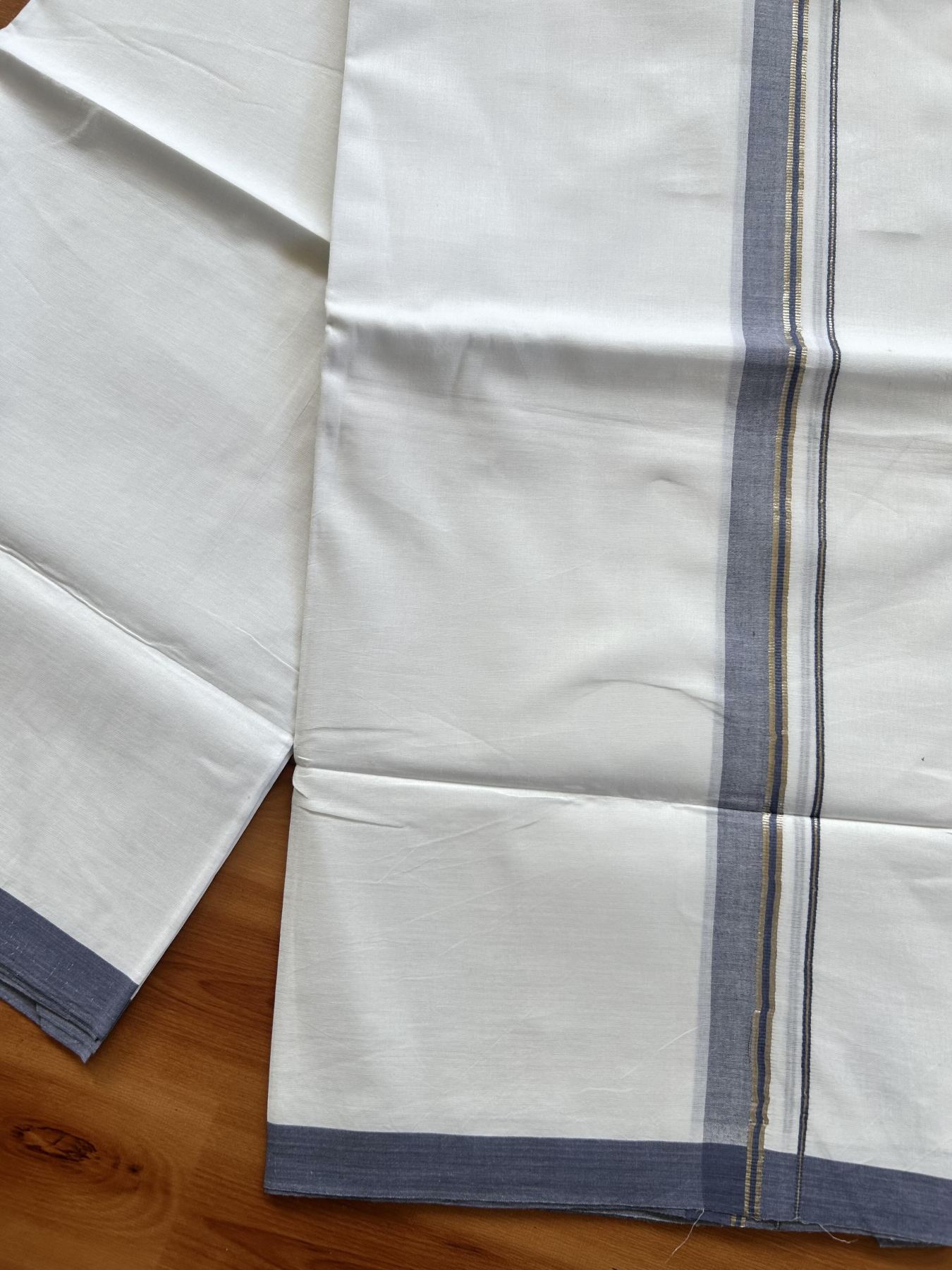 Double Pure White Mundu/Dothi - 20% Discount!! Kaitharikada Balaramapuram 100% Pure Cotton 100x80 - 0.75 inch Silver Kasav & Greyish Blue Shaded Kara - 3.90 m (8 muzham) - 31 KK5437 VAS