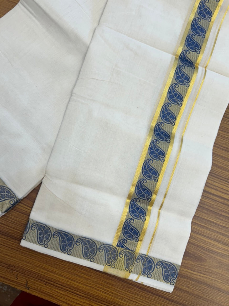 25% Discount ! Kaitharikada Handloom Unakkupaav Balaramapuram - 100% PURE Cotton OFF WHITE - (Unbleached) Double Mundu/Dhoti - 100x80 - 1.75 inch Gold Kasavu & Blue Jacquard Design Kara 4 mtr (8.5 Muzham) - 2 KK5289 ABH