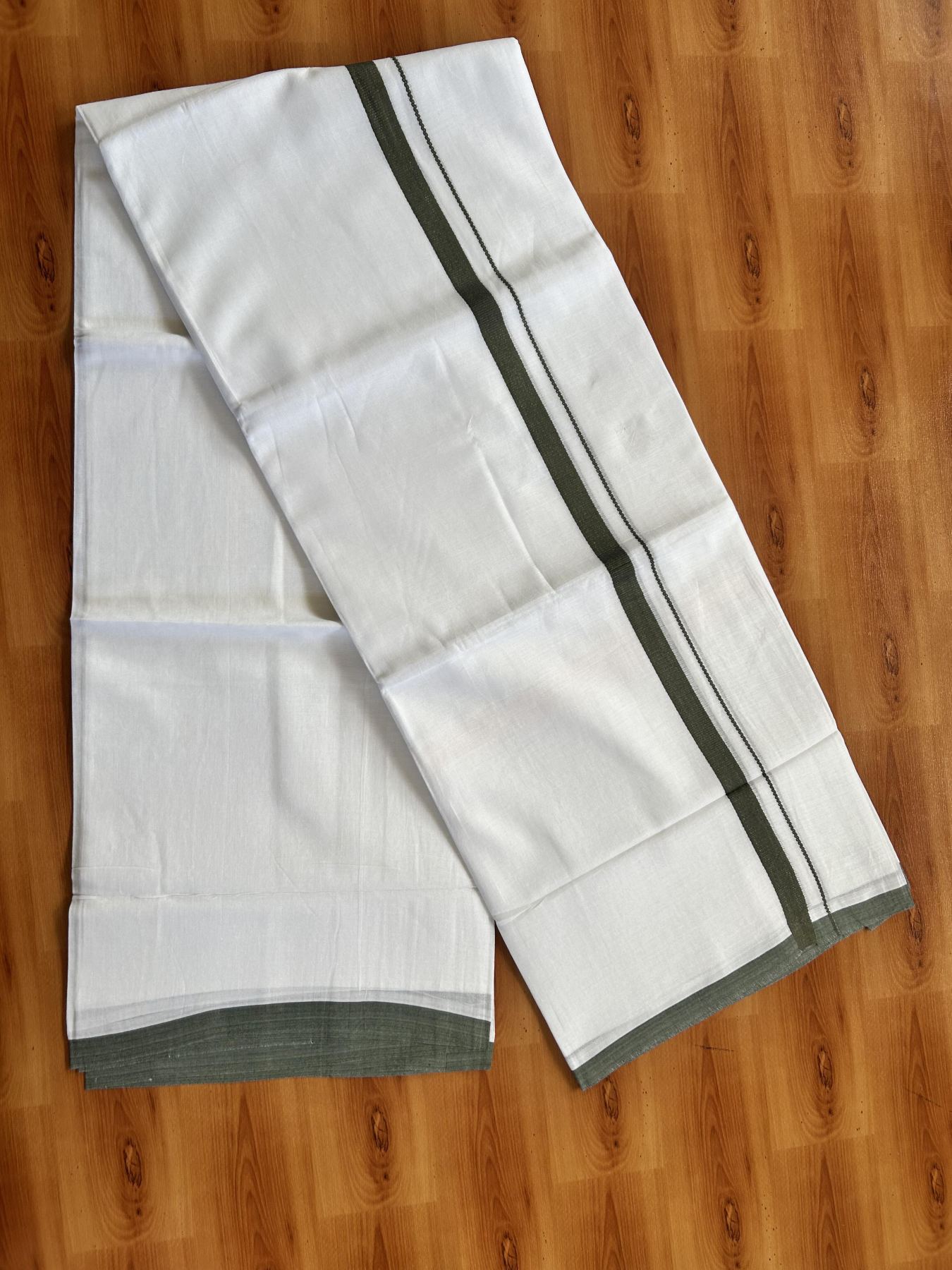 Double Pure White Mundu/Dothi - 20% Discount ! Kaitharikada Balaramapuram Cotton - 60s - 0.75 Inch Dark Sage Green Kara 3.90 mtr (8 muzham) - 24 KK5437 VAS