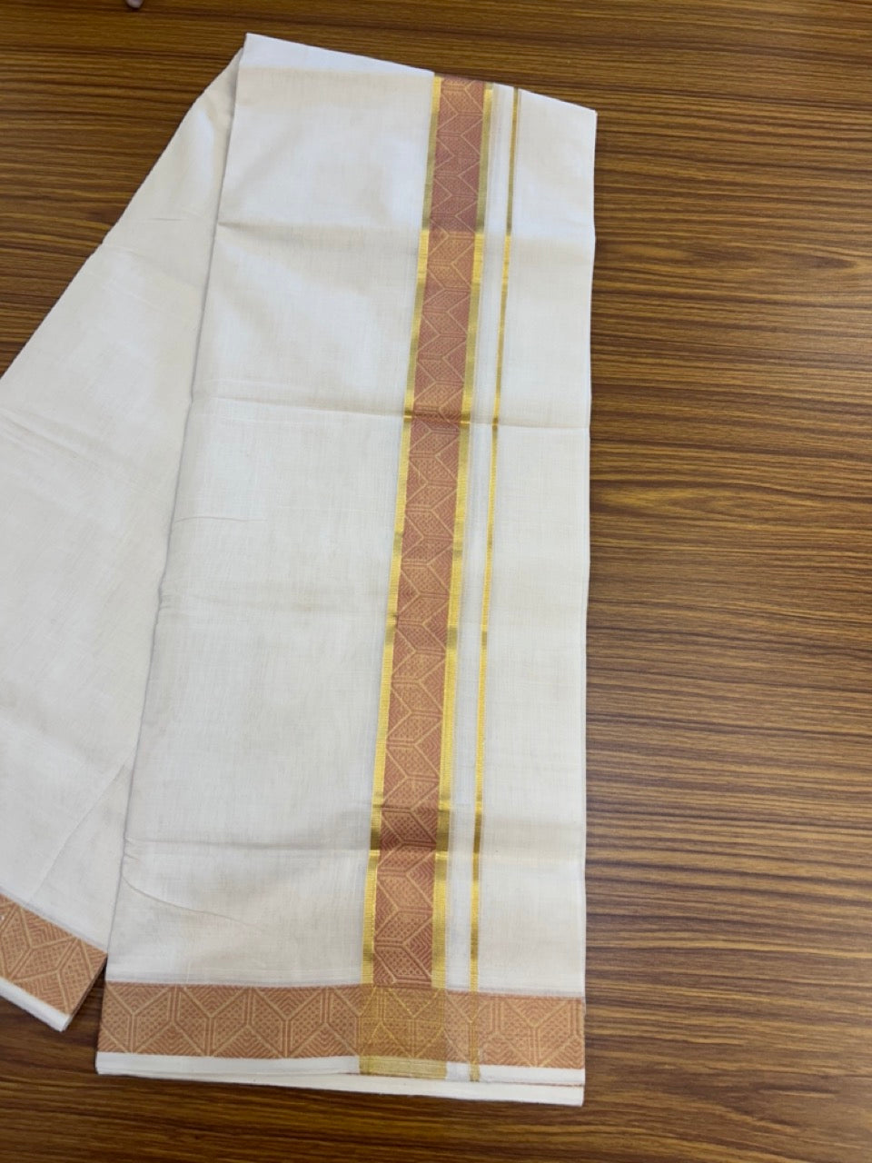 25% Discount ! Kaitharikada Handloom Unakkupaav Balaramapuram - 100% PURE Cotton OFF WHITE - (Unbleached) Double Mundu/Dhoti - 100x80 - 1.75 inch Gold Kasavu & Light Peach Jacquard Design Kara 4 mtr (8.5 Muzham) - 3 KK5289 ABH