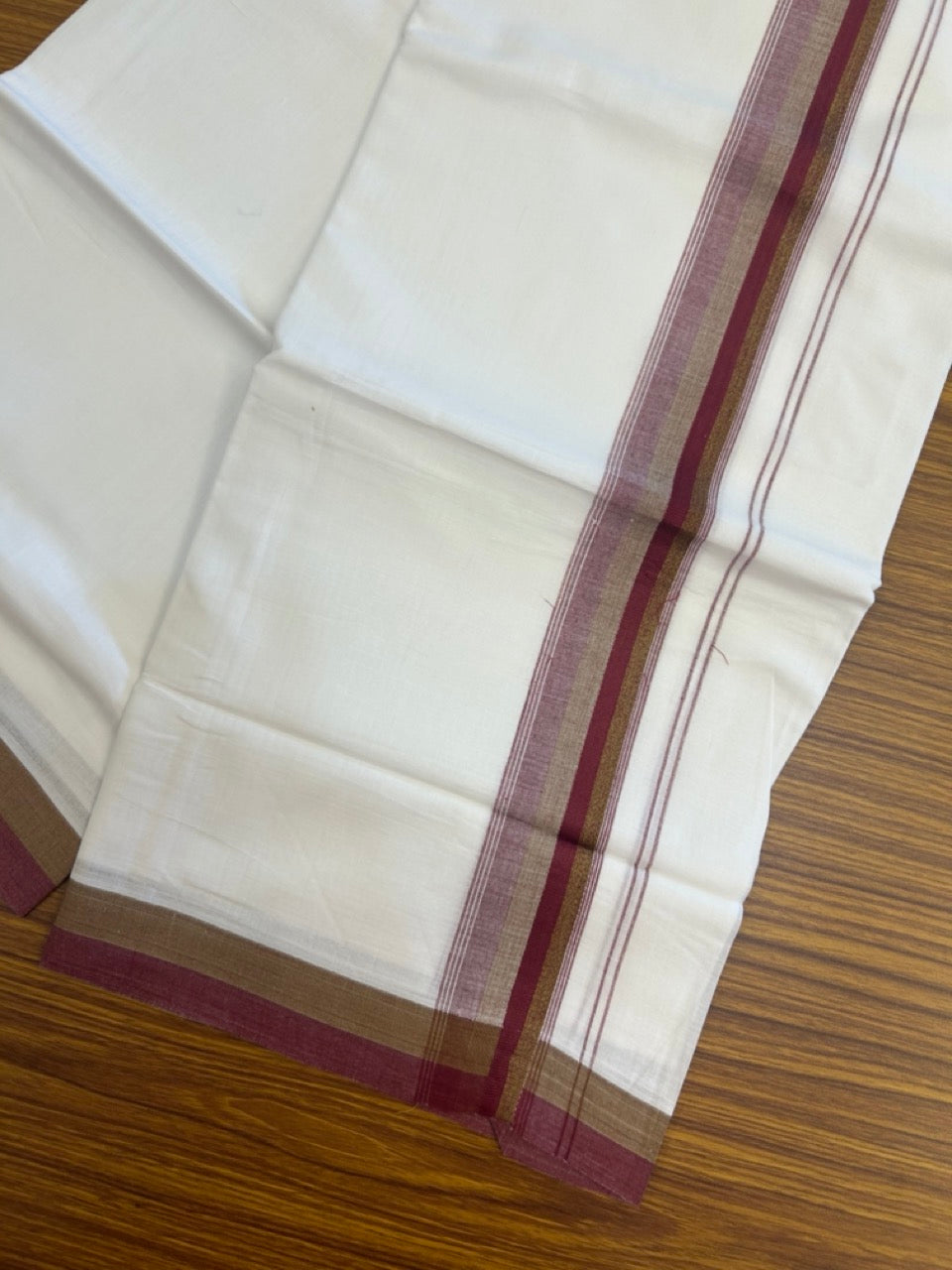 20% Discount ! Kaitharikada Balaramapuram 100% Cotton Pure White Double Mundu/Dothi - 100x80 - 1.5 inch Maroon & Olive Green Shaded Striped Kara 4 mtr (8.5 muzham) - 54 KK5255 VAS