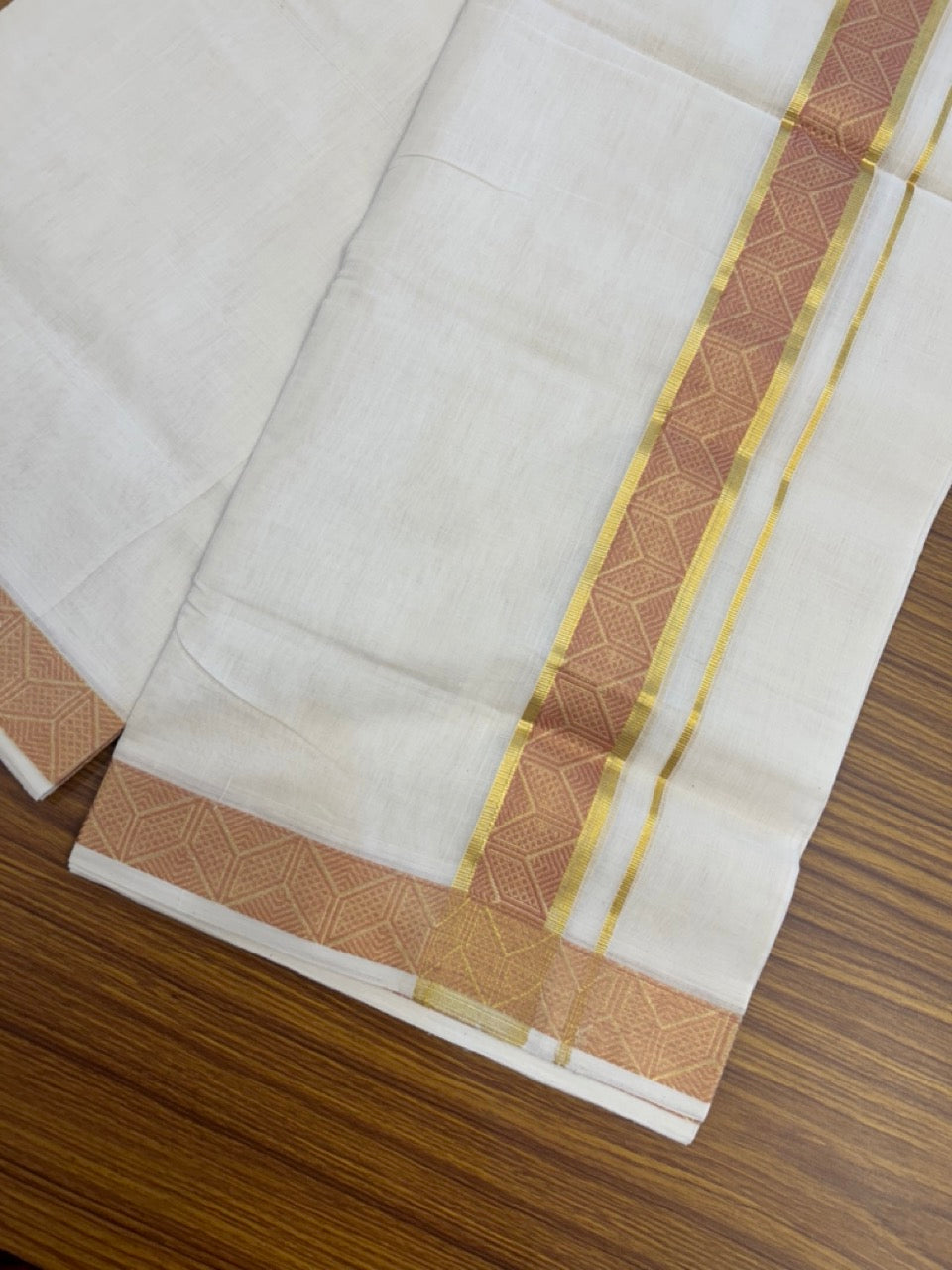 25% Discount ! Kaitharikada Handloom Unakkupaav Balaramapuram - 100% PURE Cotton OFF WHITE - (Unbleached) Double Mundu/Dhoti - 100x80 - 1.75 inch Gold Kasavu & Light Peach Jacquard Design Kara 4 mtr (8.5 Muzham) - 3 KK5289 ABH