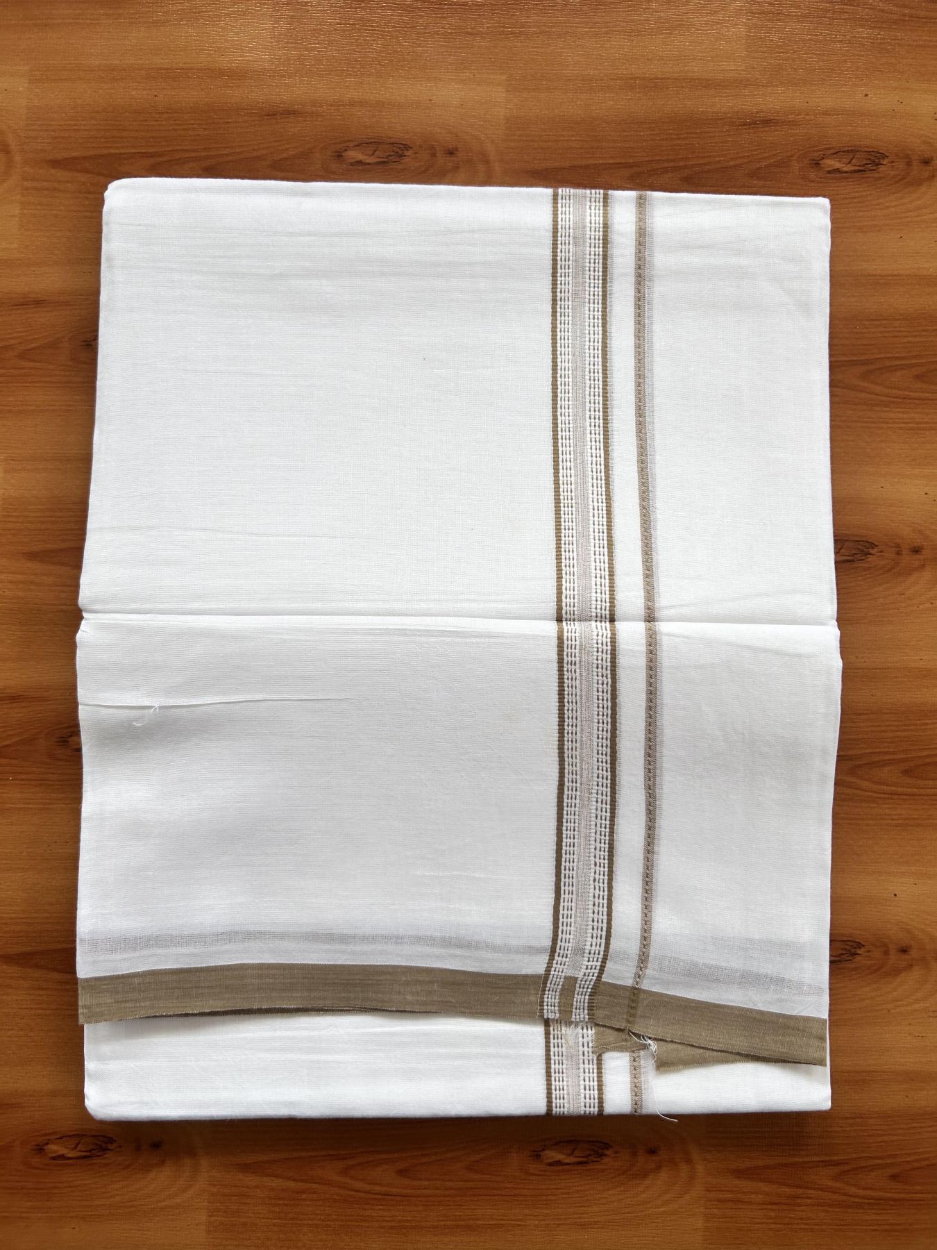 Double Pure White Mundu/Dothi - 20% Discount ! Kaitharikada Balaramapuram Cotton - 60s - 0.75 Inch Sand Brown Striped Kara 3.90 mtr (8 muzham) - 18 KK5437 VAS