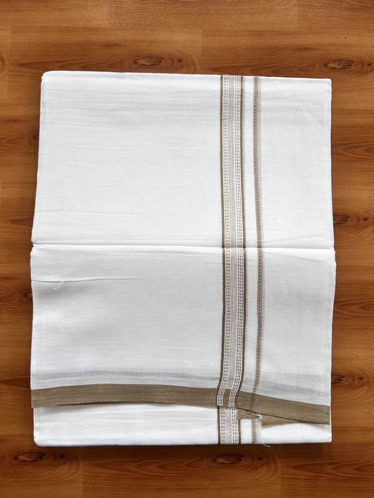 Double Pure White Mundu/Dothi - 20% Discount ! Kaitharikada Balaramapuram Cotton - 60s - 0.75 Inch Sand Brown Striped Kara 3.90 mtr (8 muzham) - 18 KK5437 VAS