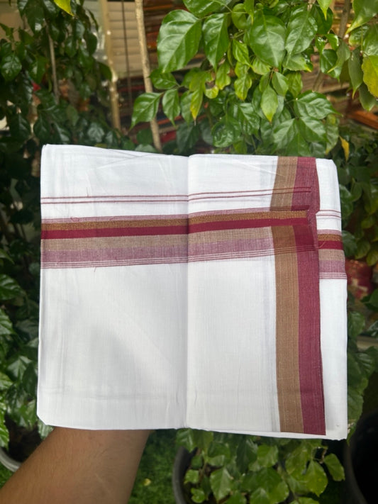 20% Discount ! Kaitharikada Balaramapuram 100% Cotton Pure White Double Mundu/Dothi - 100x80 - 1.5 inch Maroon & Olive Green Shaded Striped Kara 4 mtr (8.5 muzham) - 54 KK5255 VAS
