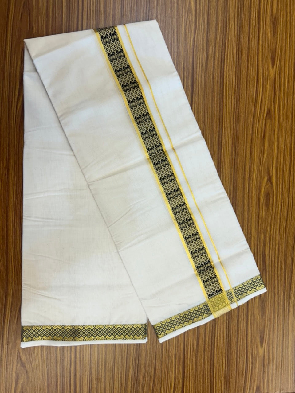 25% Discount ! Kaitharikada Handloom Unakkupaav Balaramapuram - 100% PURE Cotton OFF WHITE - (Unbleached) Double Mundu/Dhoti - 100x80 - 1.75 inch Gold Kasavu & Black Jacquard Design Kara 4 mtr (8.5 Muzham) - 4 KK5289 ABH